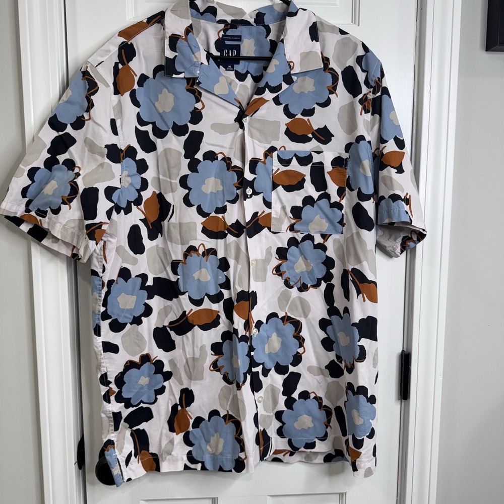 Gap Floral Camp Shirt Mens XL Blue White Short Sleeve Button Up Stretch